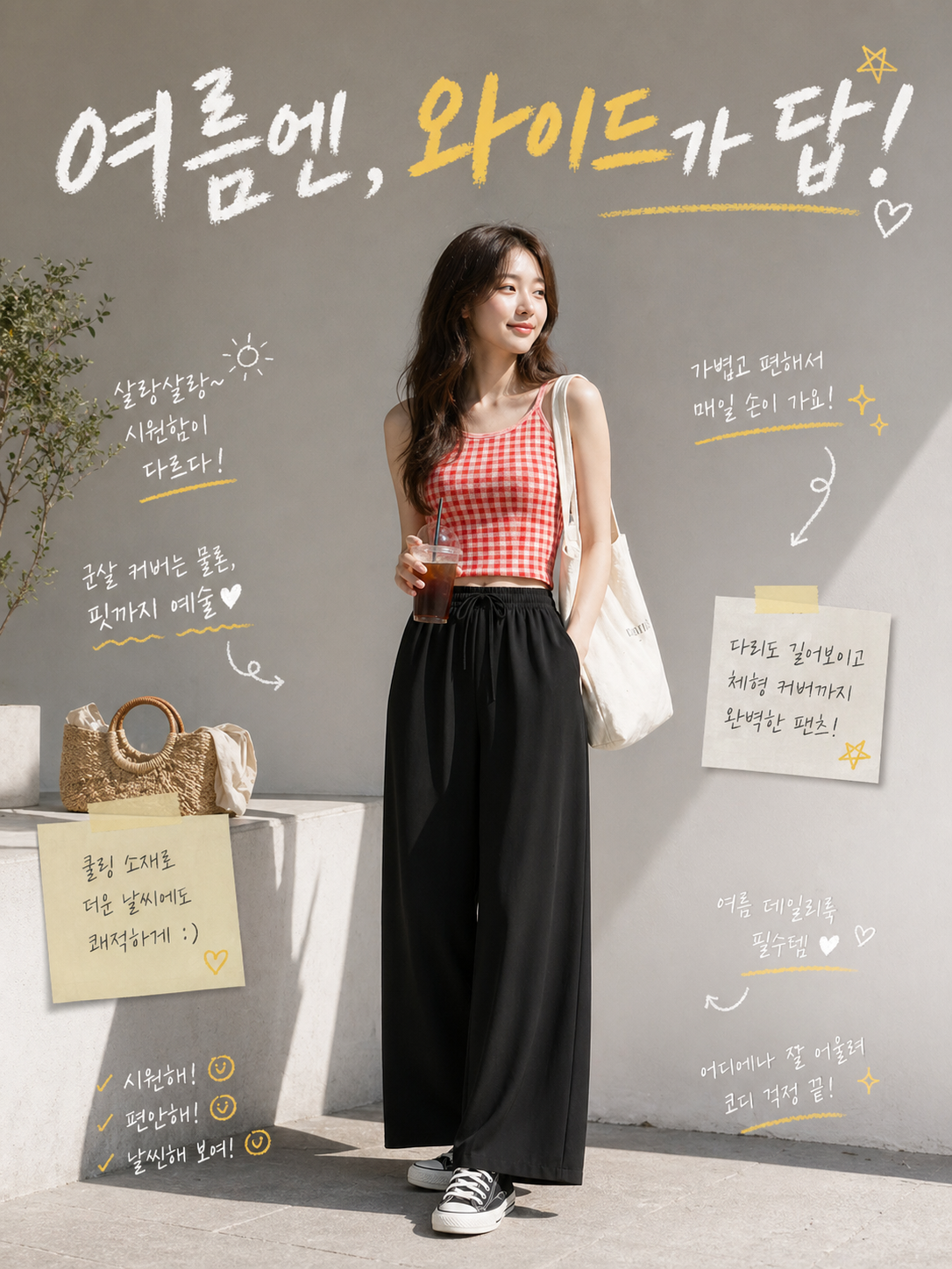 글로스타 여성용 골지 일자 와이드 밴딩 팬츠 빅사이즈까지