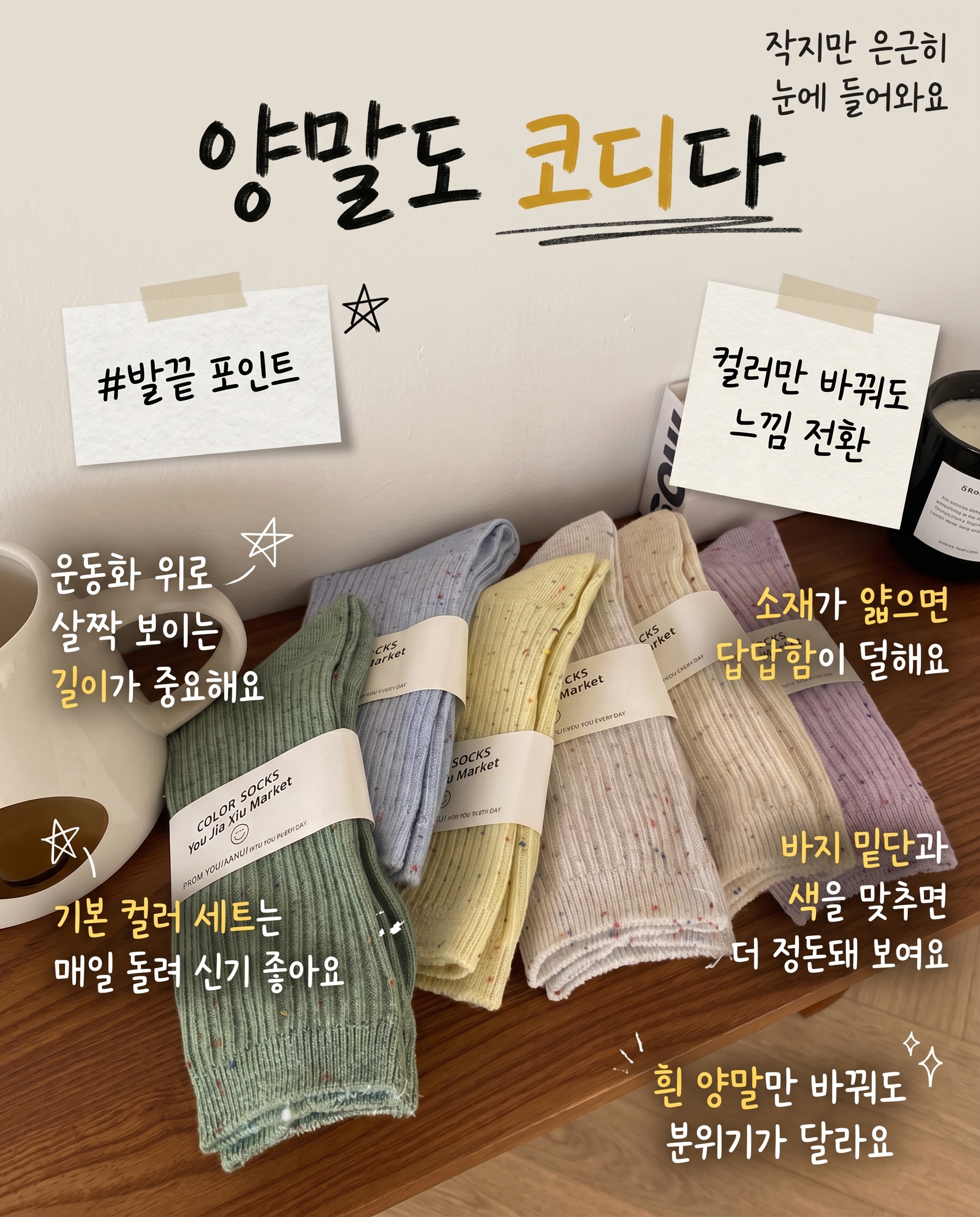 워더미 여성용 사계절 파스텔 골지 패션 중목 양말 6종 세트 W848