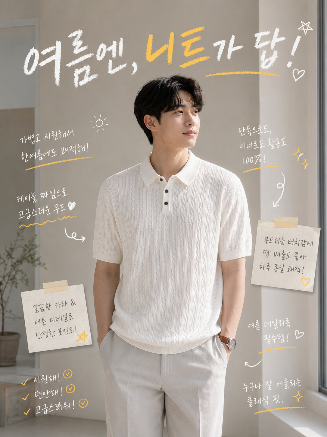 룩플레인 여름 케이블 비스코스 반팔 니트 카라 티셔츠 6color