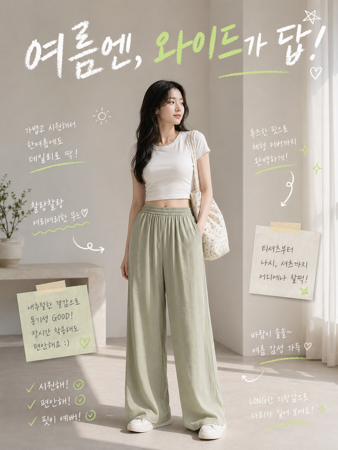 데일로엔 여성 여름 와이드 밴딩 롱 팬츠 데일리 바지