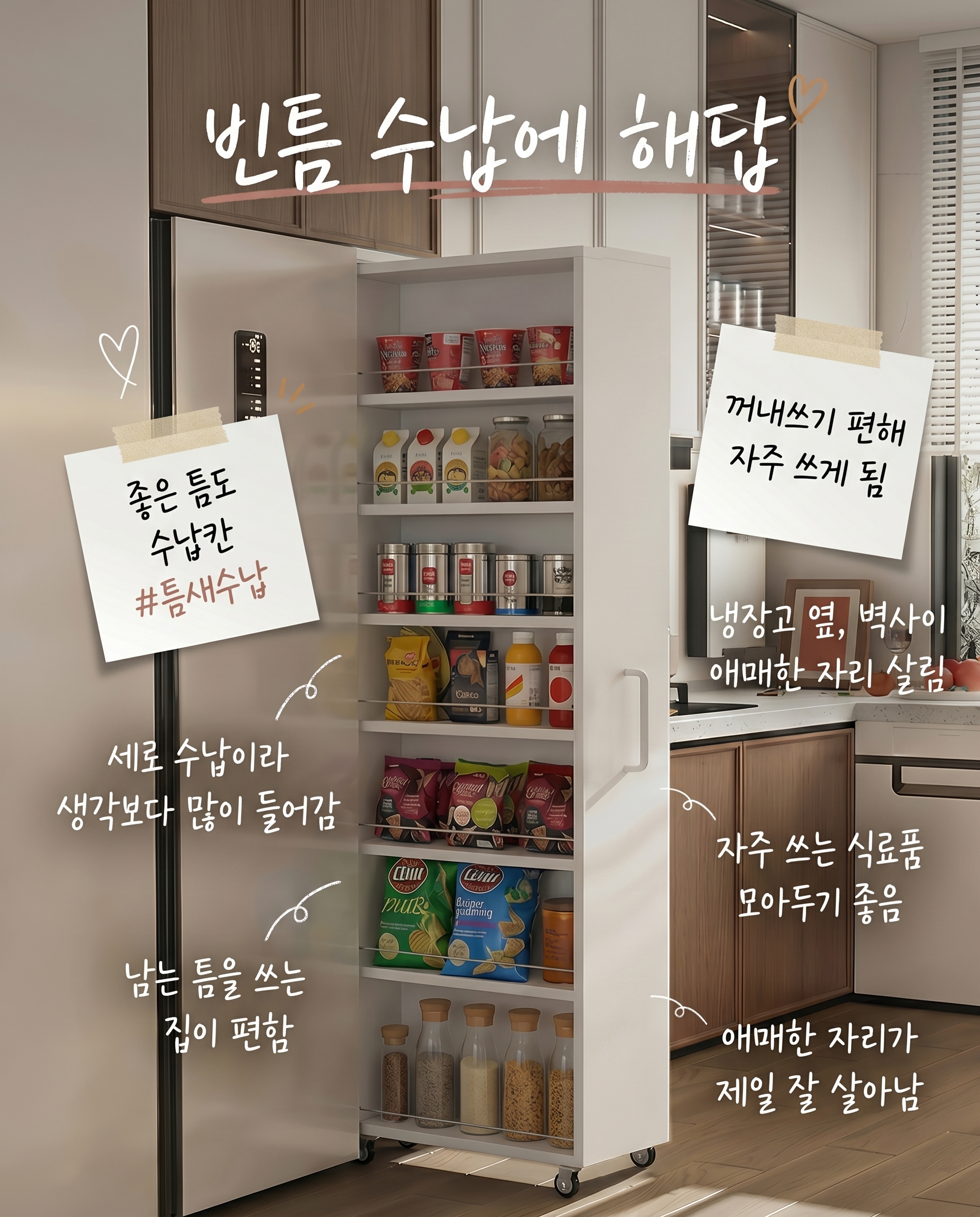 키큰 슬라이딩 틈새수납장 냉장고 틈새 수납장 틈새 사물함 수납 진열장, 흰색