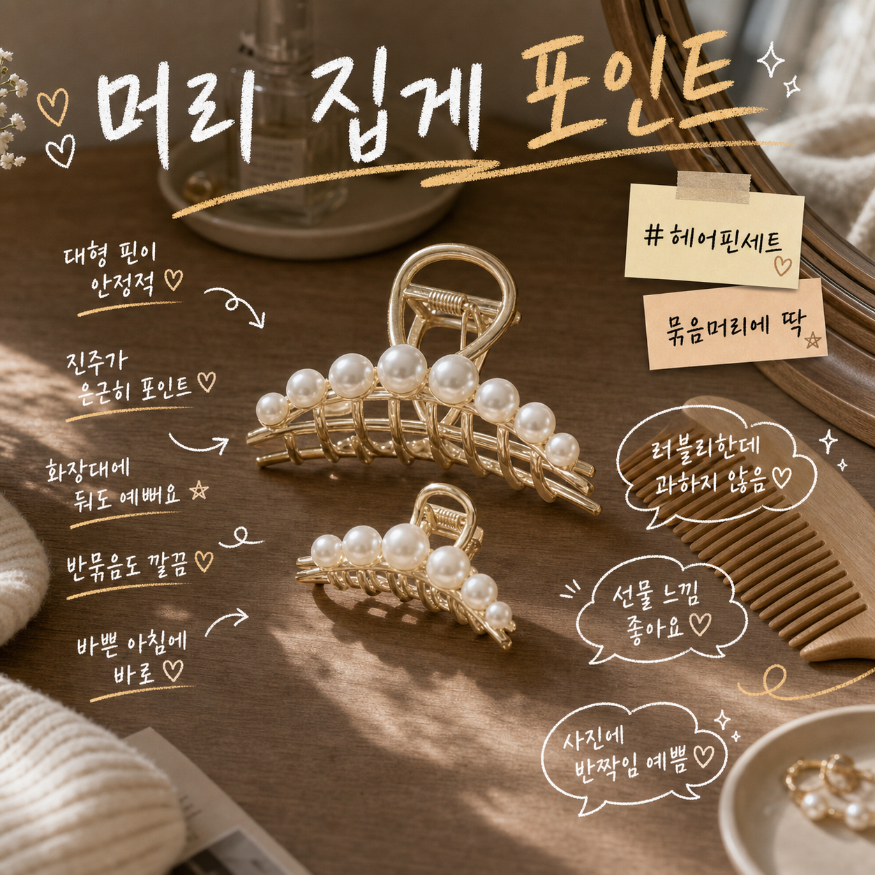 메가페이지 10종세트 진주장식 대형 미니 헤어 집게 핀