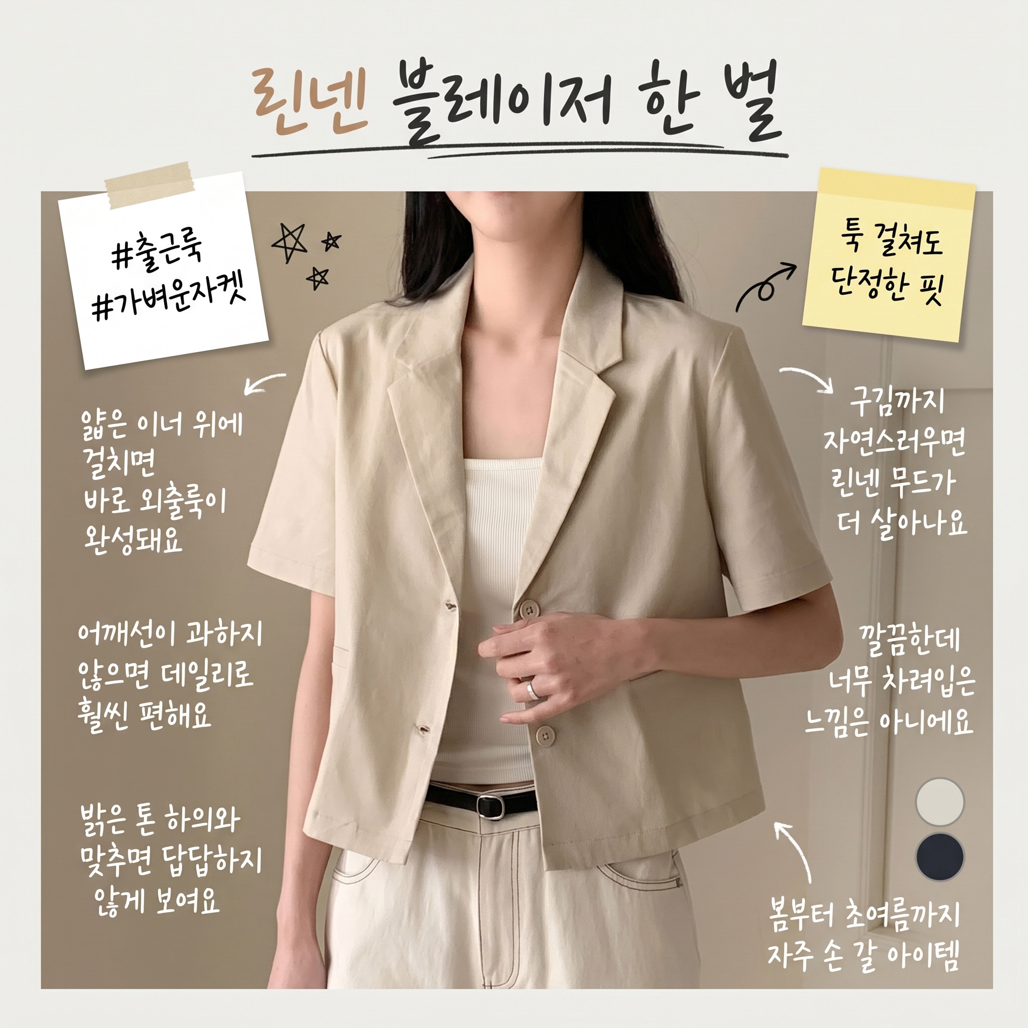아피나르 여성용 린넨 블렌드 반팔 크롭 블레이저