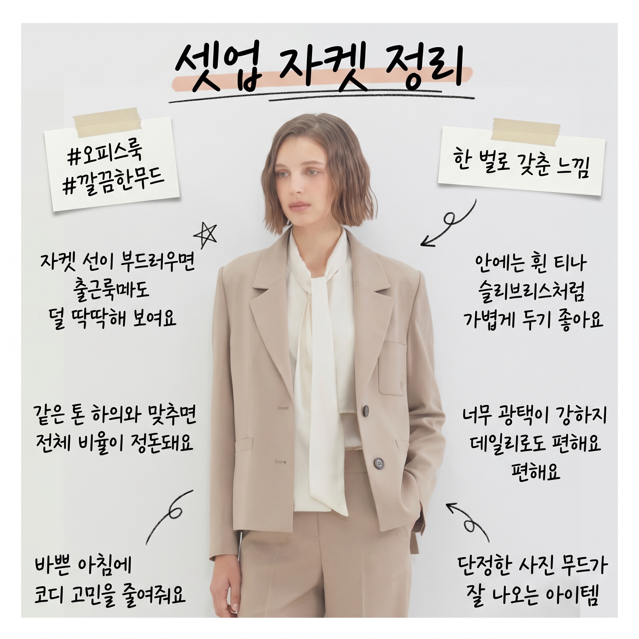 뷰어 여성용 포켓장식 모던 셋업 노치드 카라 자켓 ZNJKO906