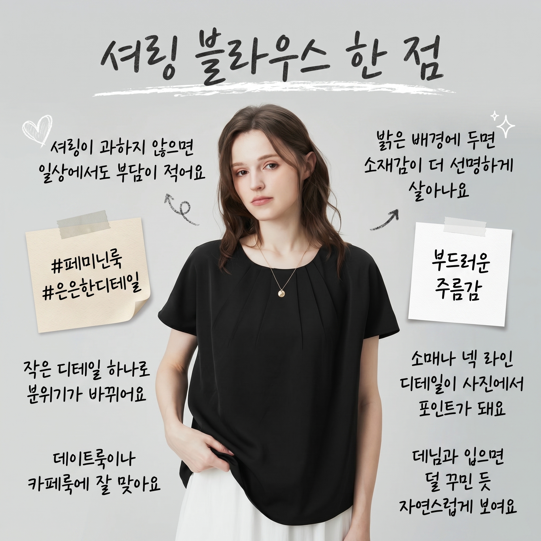 ELLEPARIS 여성용 하객룩 핀턱 디테일 네크라인 돌먼 슬리브 블라우스