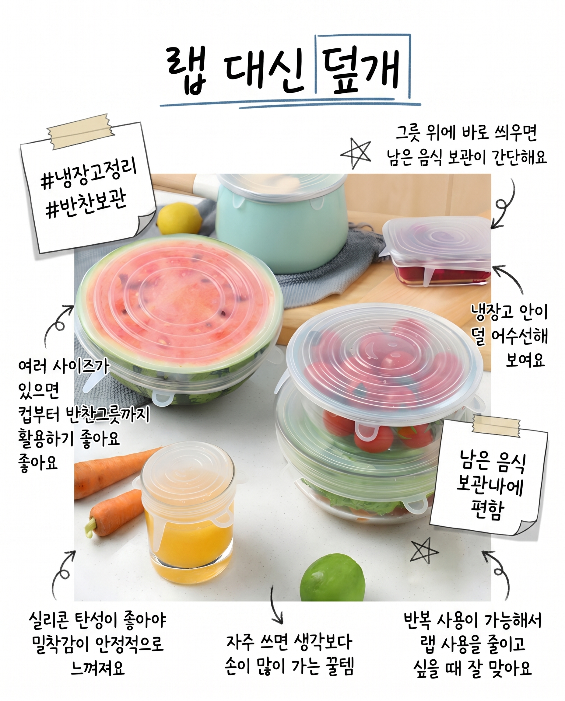 완벽밀폐 모아르 찰떡랩 실리콘 밀폐 커버 6종세트 환경호르몬NO 안심소재, 찰떡랩 6종, 1세트