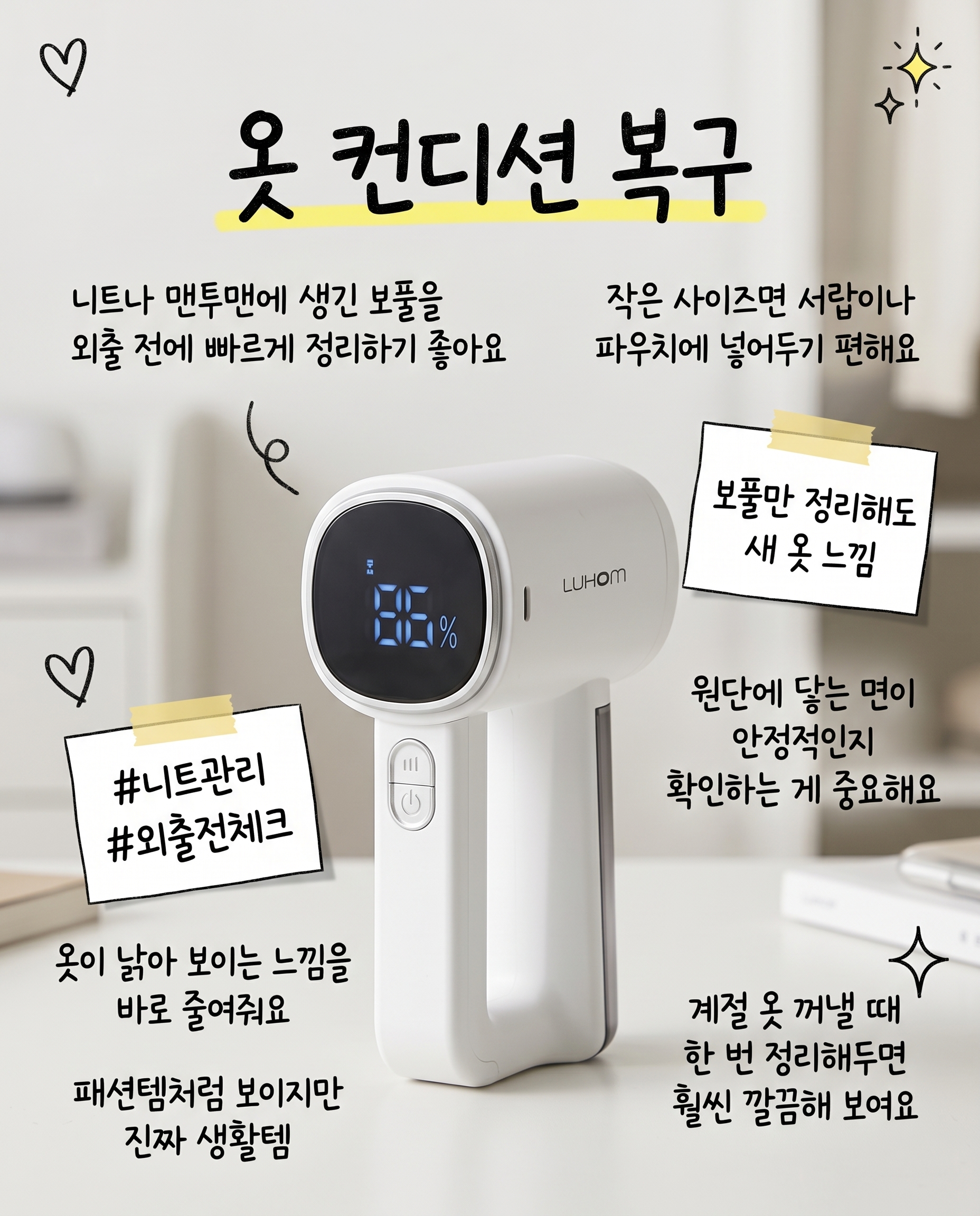 루홈 6중날 옷감보호 안전장치 세탁소용 충전식 보풀제거기, 화이트, F10