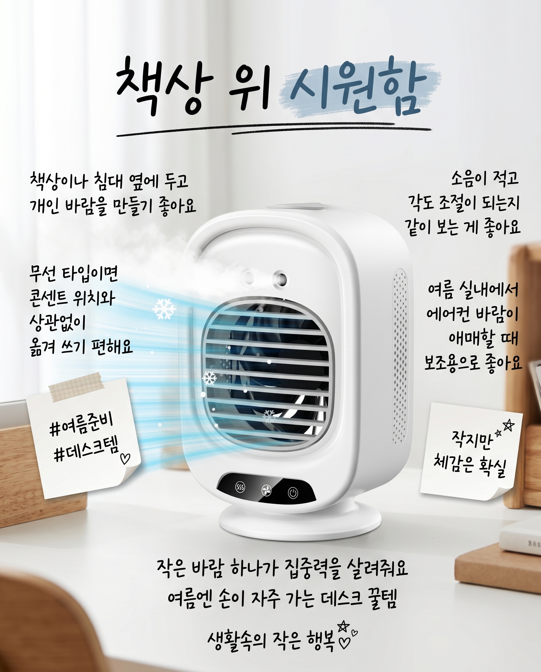 무선 미니 무소음 냉각 선풍기 소형 냉풍기 가습기 에어컨 탁상용 휴대용 대용량 수면용 사무용 캠핑용