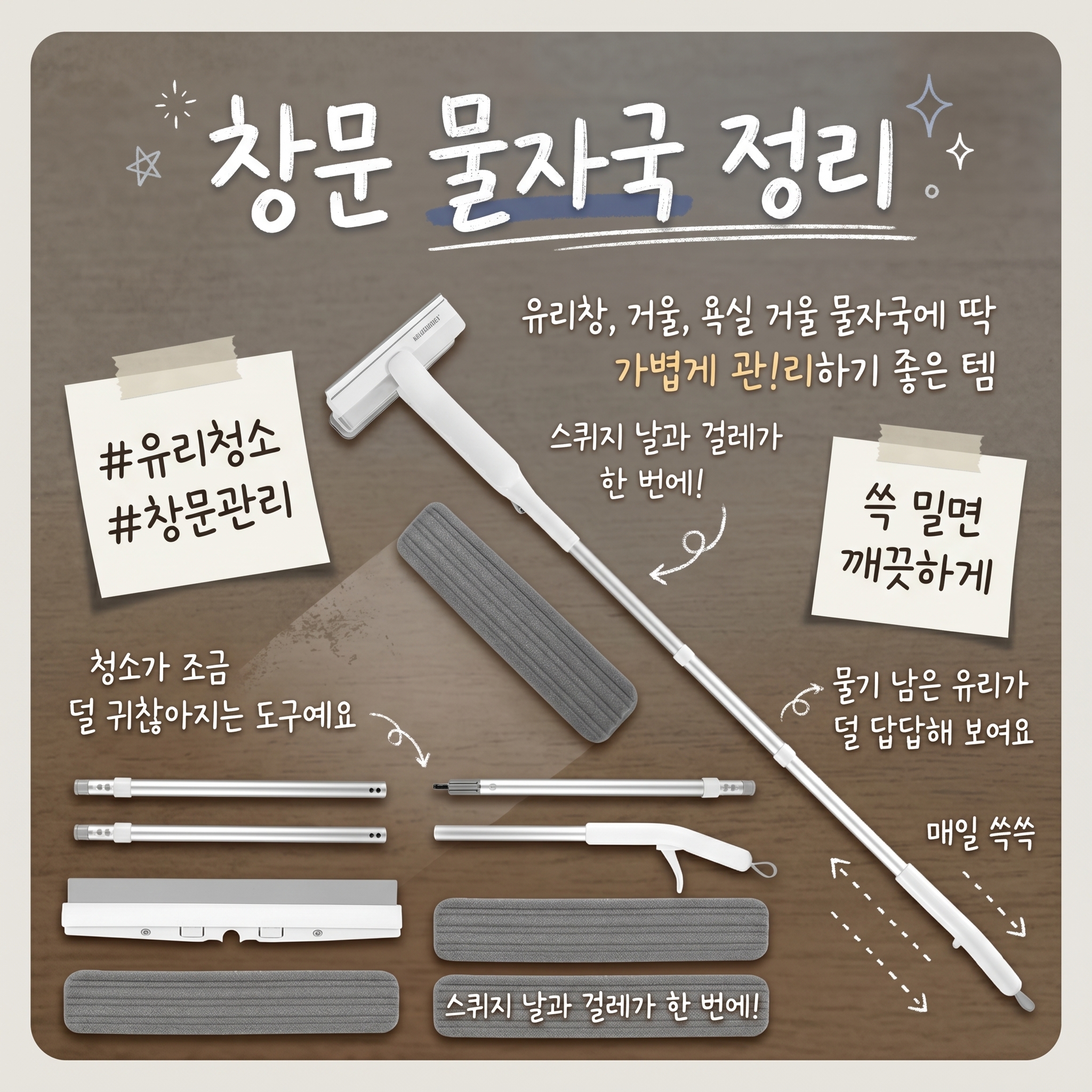 고층아파트 필수 유리창닦이 스퀴지 오수회수통 물분사 창문청소도구 안전한 길이조절 연장대, 1개