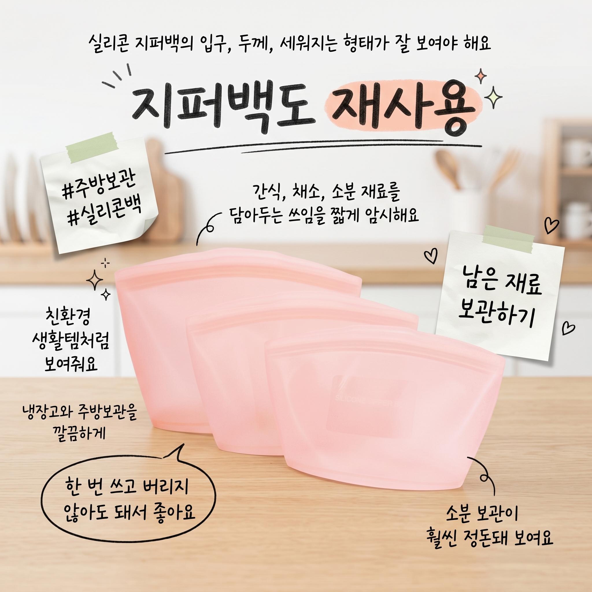 실리팟 프리미엄 실리콘 지퍼백 S + M + L 3종 세트, 피치, 1세트
