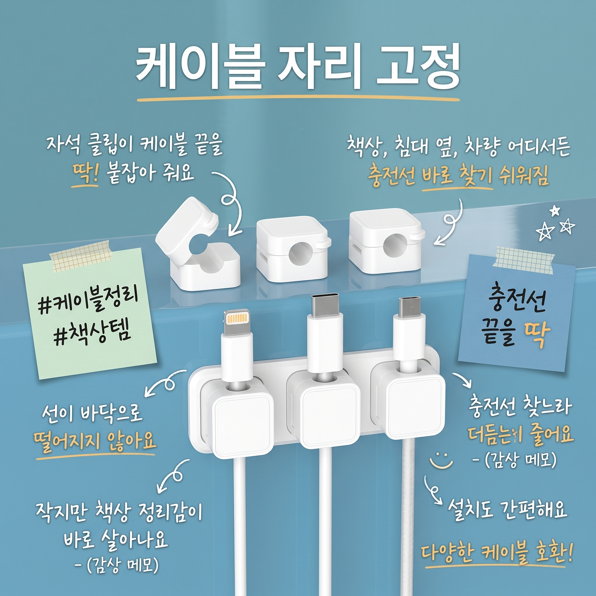 디어데일리 강력한 자석 케이블홀더 부착판 세트, 화이트, 6개(+자석부착판2개)