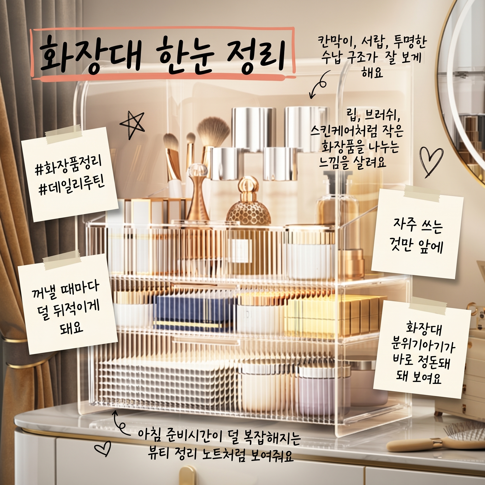 엣지영 솔리드 3단 특대형 뚜껑있는 화장품 정리함 정리대 보관함, 1개