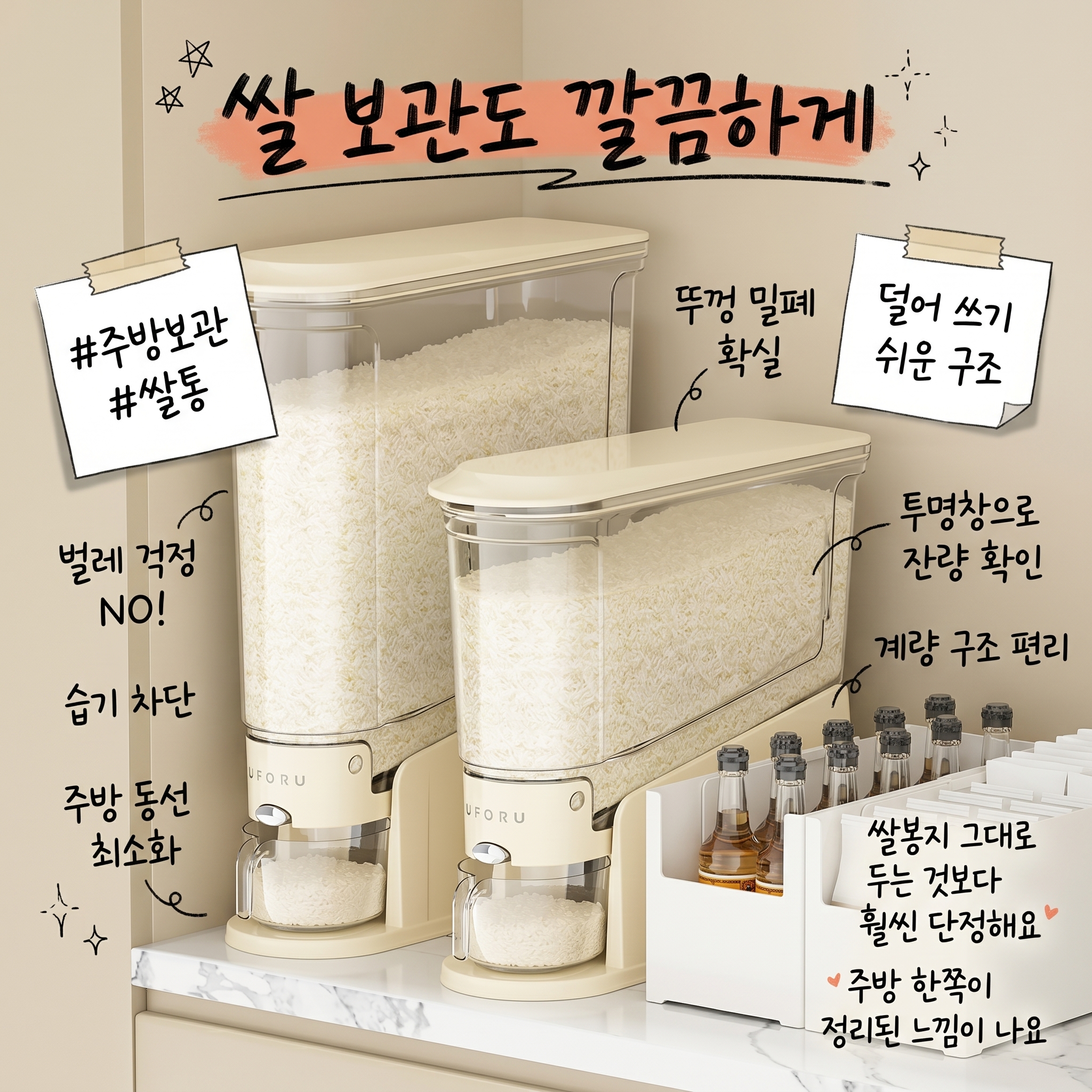 홈비 초슬림 한뼘 원터치 간편한 대용량 쌀통 쌀 보관함 보관통, 1개, 크림
