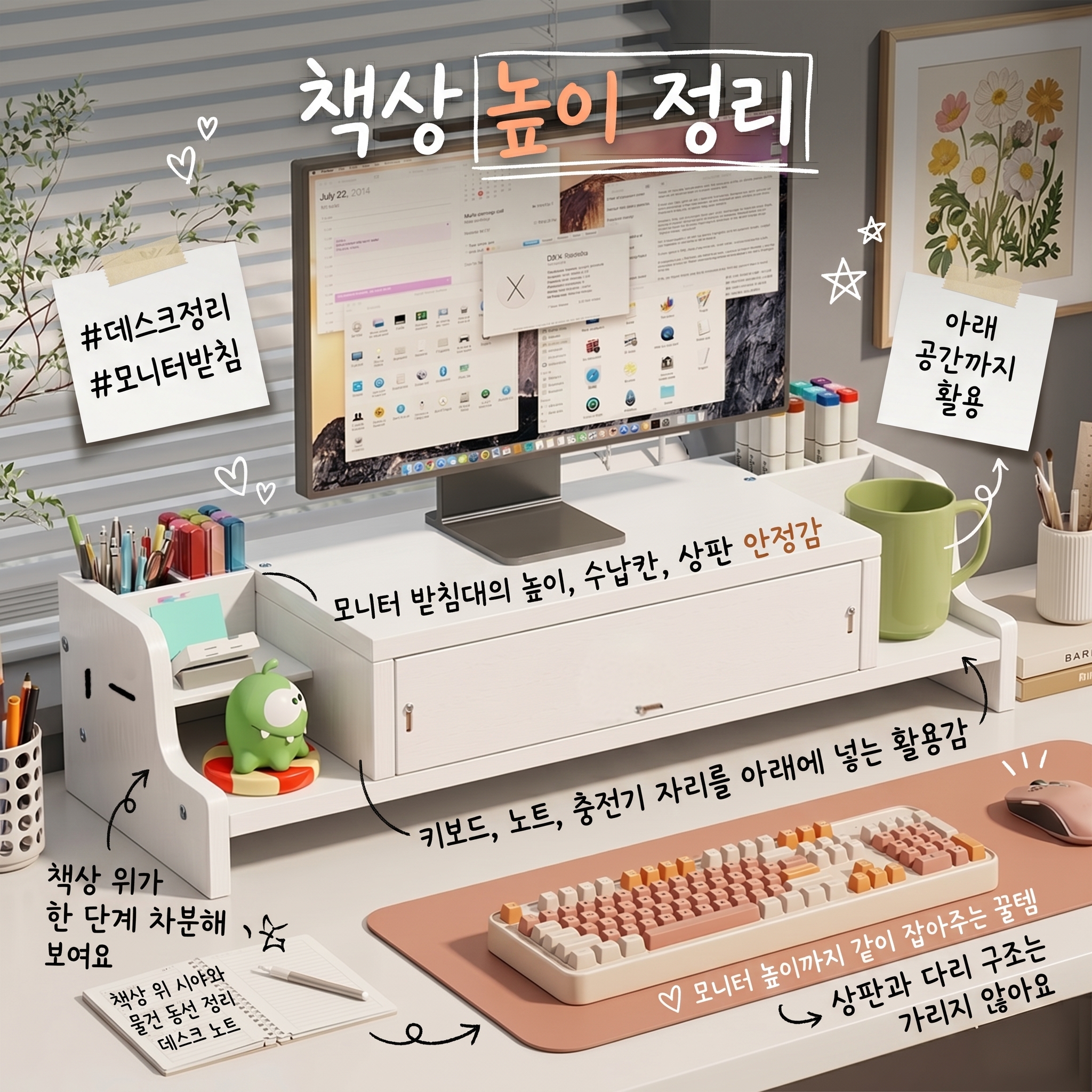 데꾸데꾸 수납/서랍형 다용도 목재 모니터 받침대 50cm, 1개, 화이트