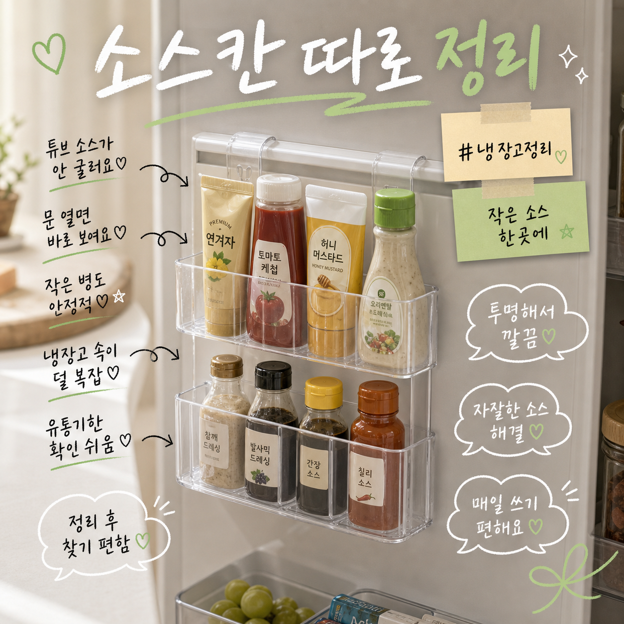 냉장고도어 문걸이 미니 수납컵세트 소스정리 냉장고정리, 4개, 투명