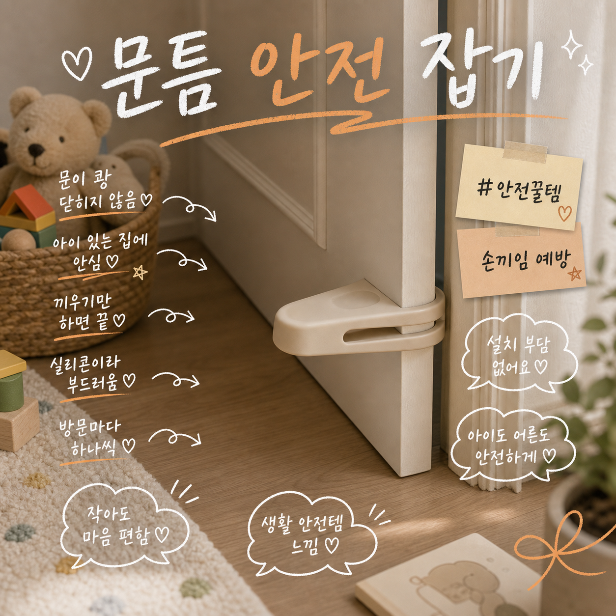 문틈 손끼임방지 곰돌이 캐릭터 문닫힘방지 실리콘 도어스토퍼 3개세트, 3세트, 베이지